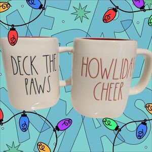 Rae Dunn Dog Parent 2 Christmas Mugs "Deck The Paws" "Howliday Cheer"